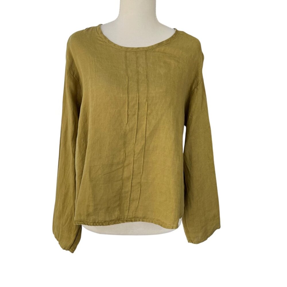 Flax By Jeanne Engelhart Boxy Cropped 100% Linen Long Sleeve Top Chartreuse Sz L